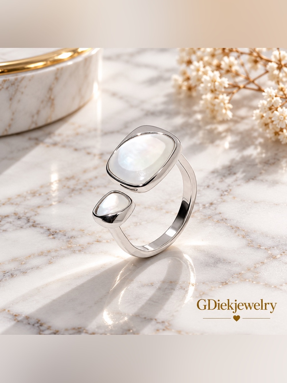 Silver Open Ring with Mother of Pearl Accents - White